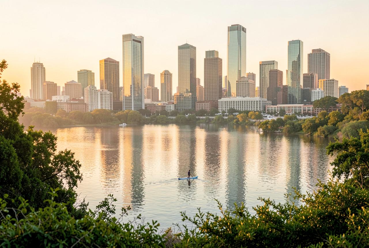 The Austin skyline across Lady Bird Lake at golden hour, with a paddleboarder on the calm water