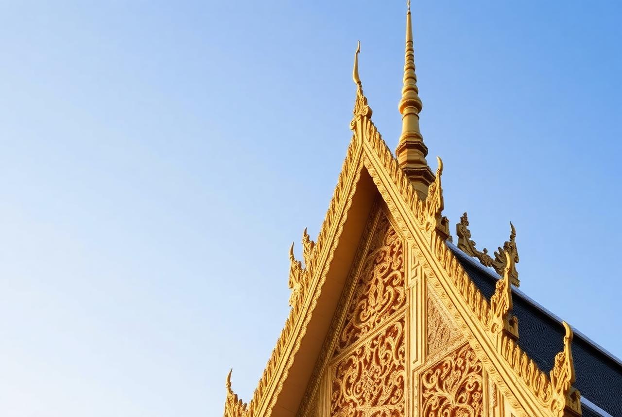 Golden temple rooftops in Bangkok against a clear blue sky