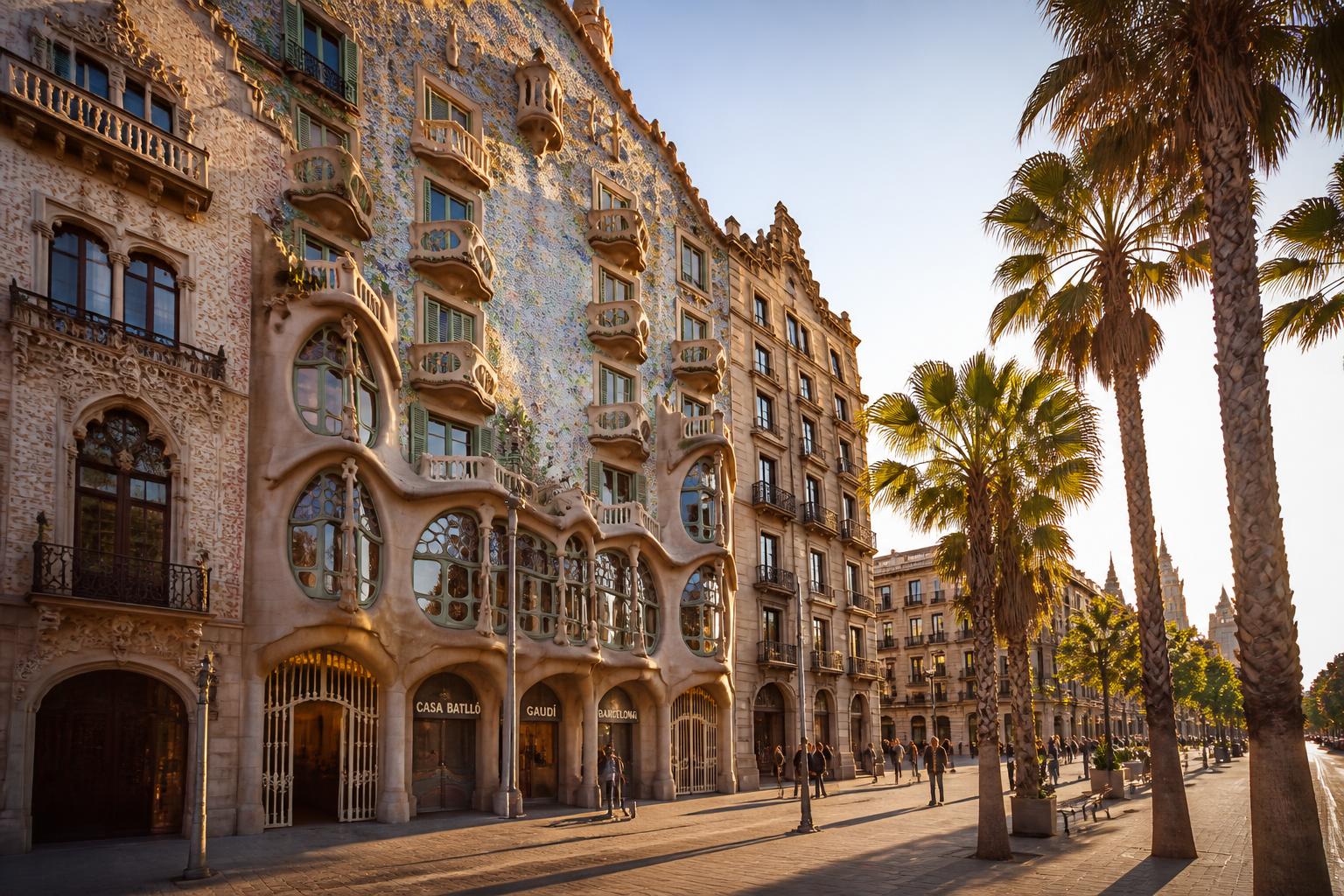 Casa Batlló's colourful Modernista facade on Passeig de Gràcia at golden hour, with palm trees lining the boulevard