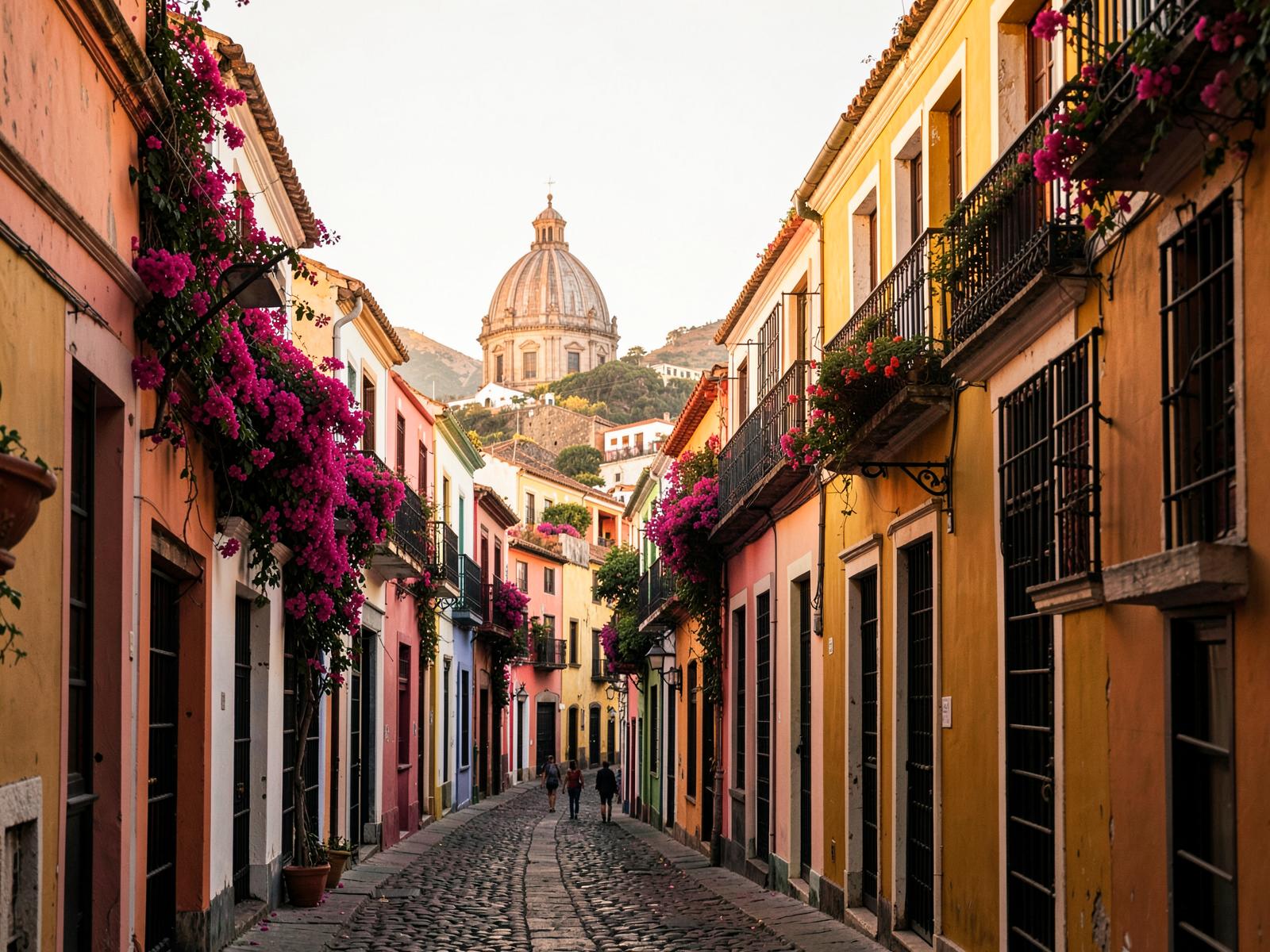 A colourful colonial street inside Cartagena's walled city, with bougainvillea-draped balconies and a cathedral dome at golden hour