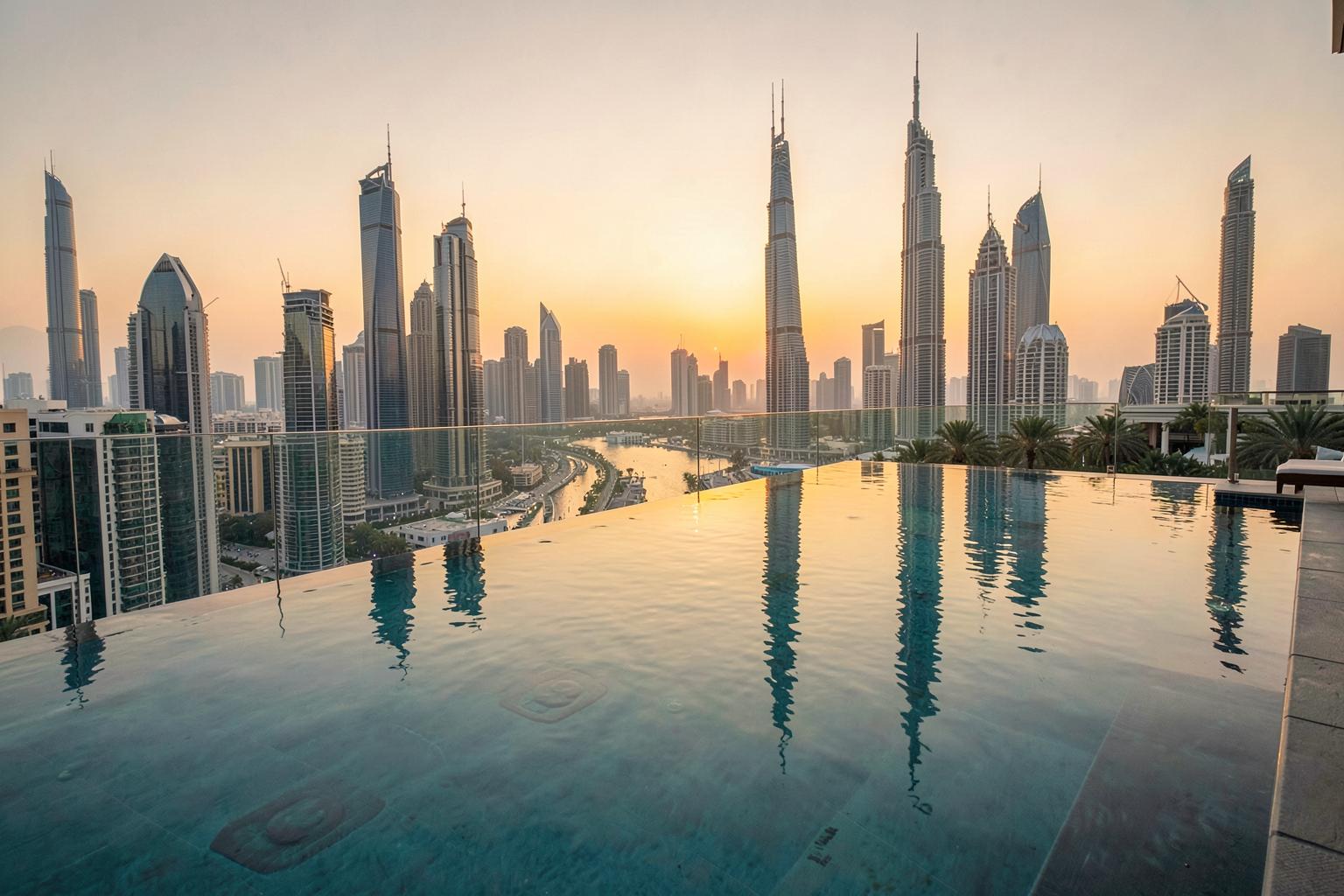 Dubai rooftop infinity pool overlooking the city skyline at sunset