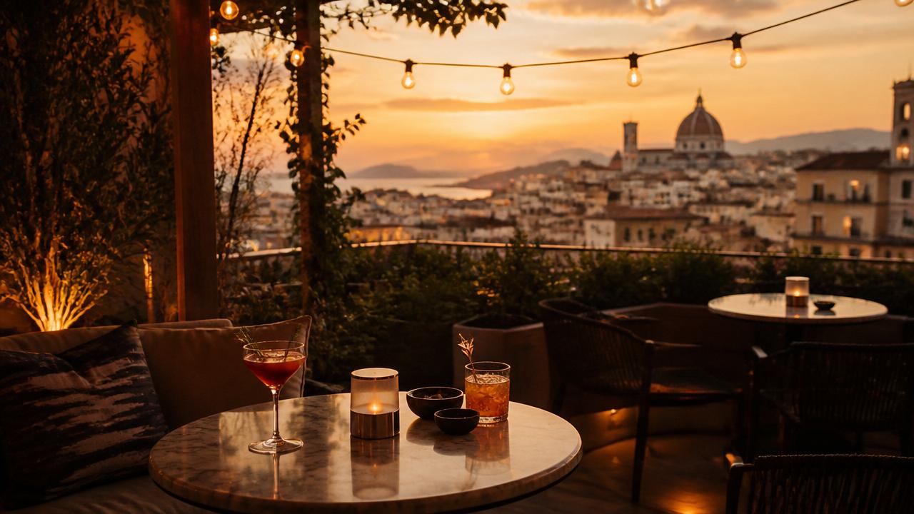 Intimate rooftop terrace at sunset