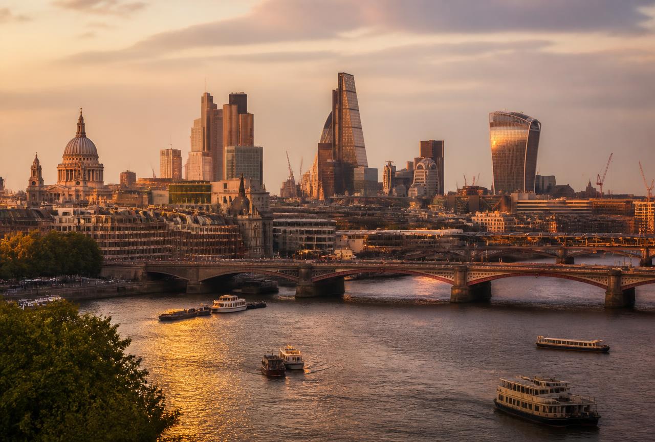 London skyline along the River Thames at golden hour