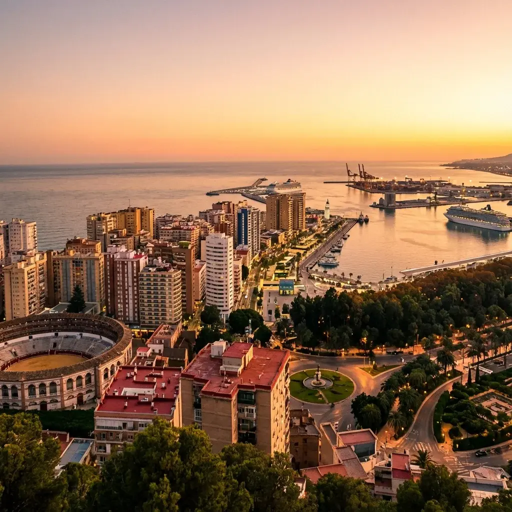 Málaga at sunset with the bullring, harbour and Mediterranean