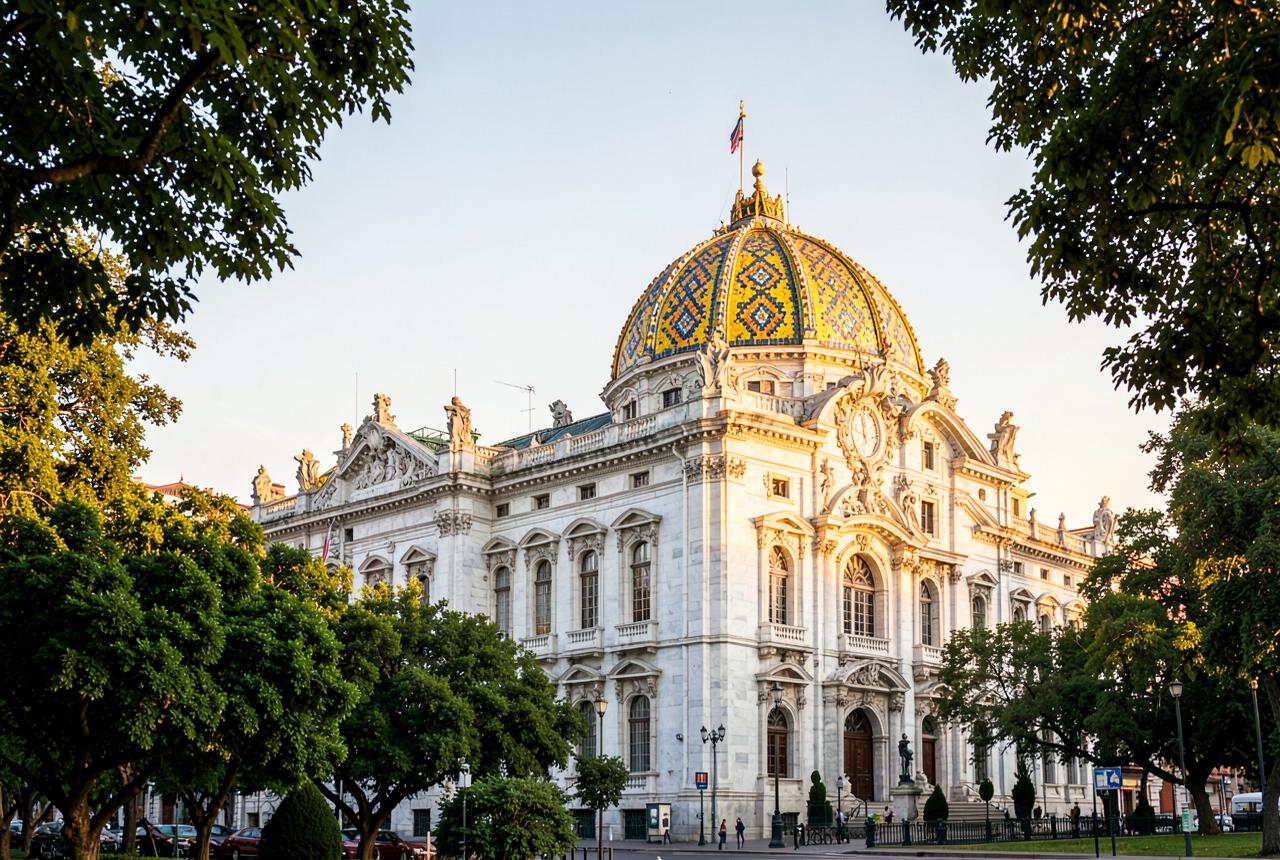 Palacio de Bellas Artes in Mexico City at golden hour, its tiled dome glowing above the Alameda Central trees