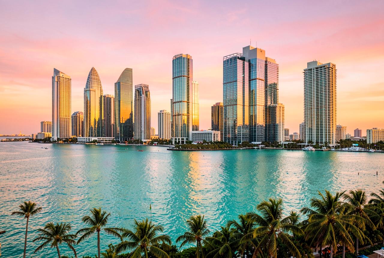 Downtown Miami glass skyline across Biscayne Bay at golden hour