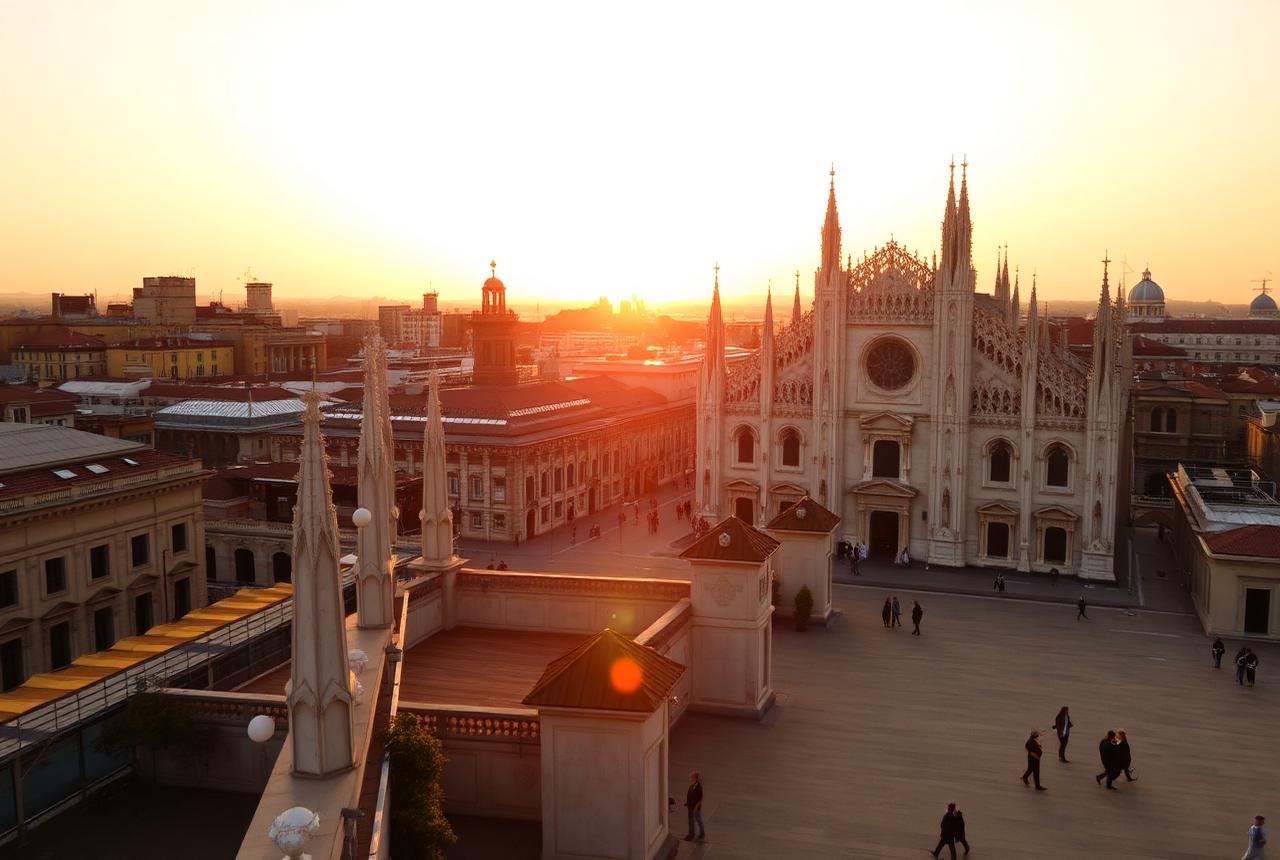 Rooftop view over the Duomo in Milan at golden hour