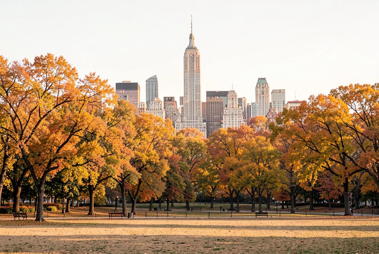 Central Park in autumn colour with the Midtown Manhattan skyline behind