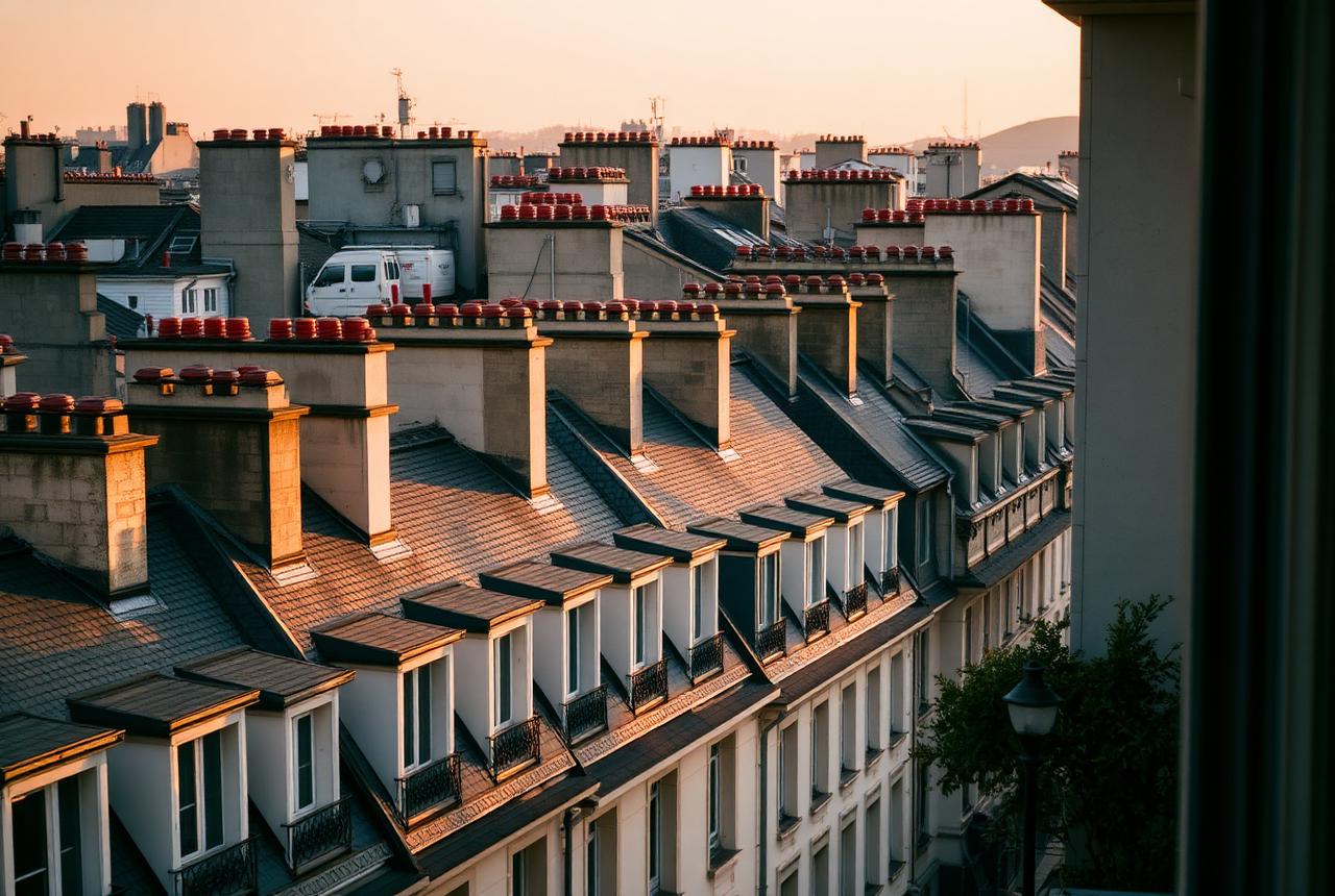 Haussmann rooftops and chimneys in Paris at sunset