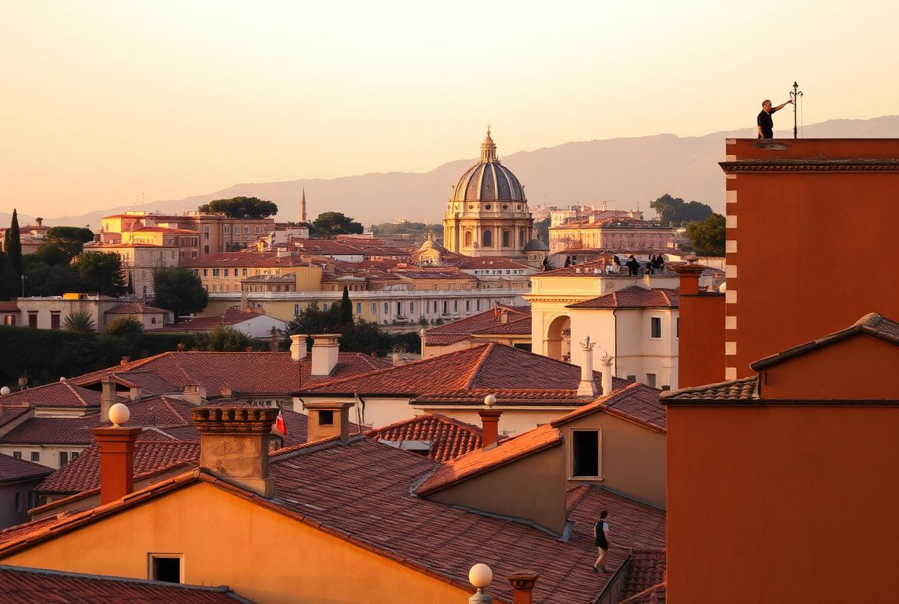 Rome rooftops and domes in warm evening light
