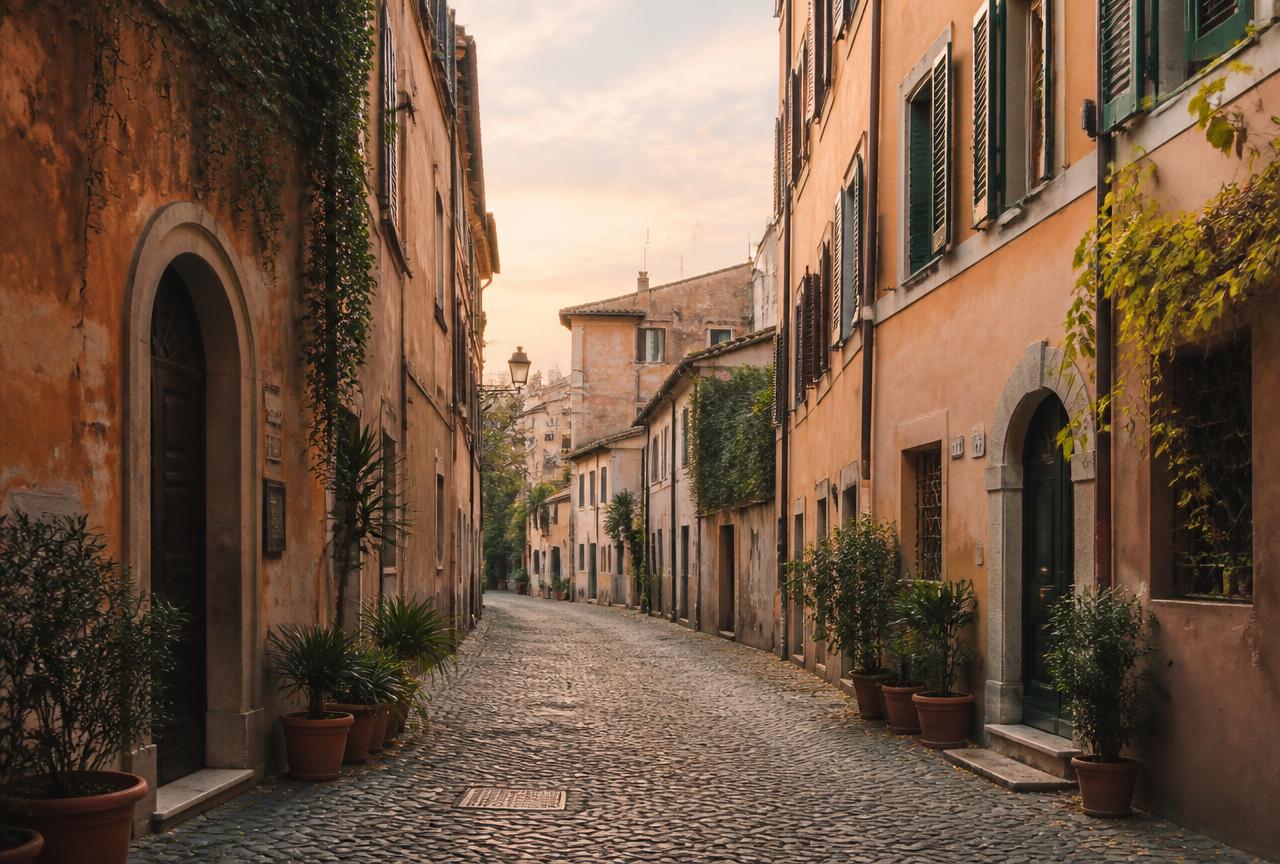 Quiet cobblestone street in Trastevere, Rome, in soft morning light