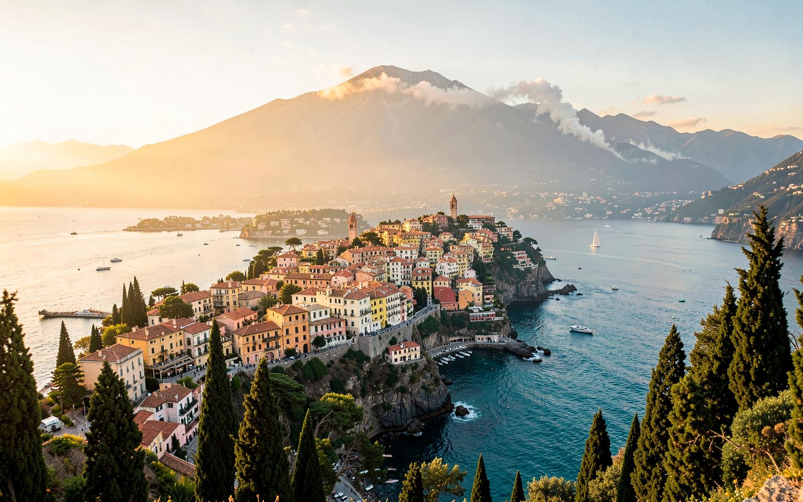 Taormina on its clifftop above the Ionian Sea at golden hour, Mount Etna in the distance