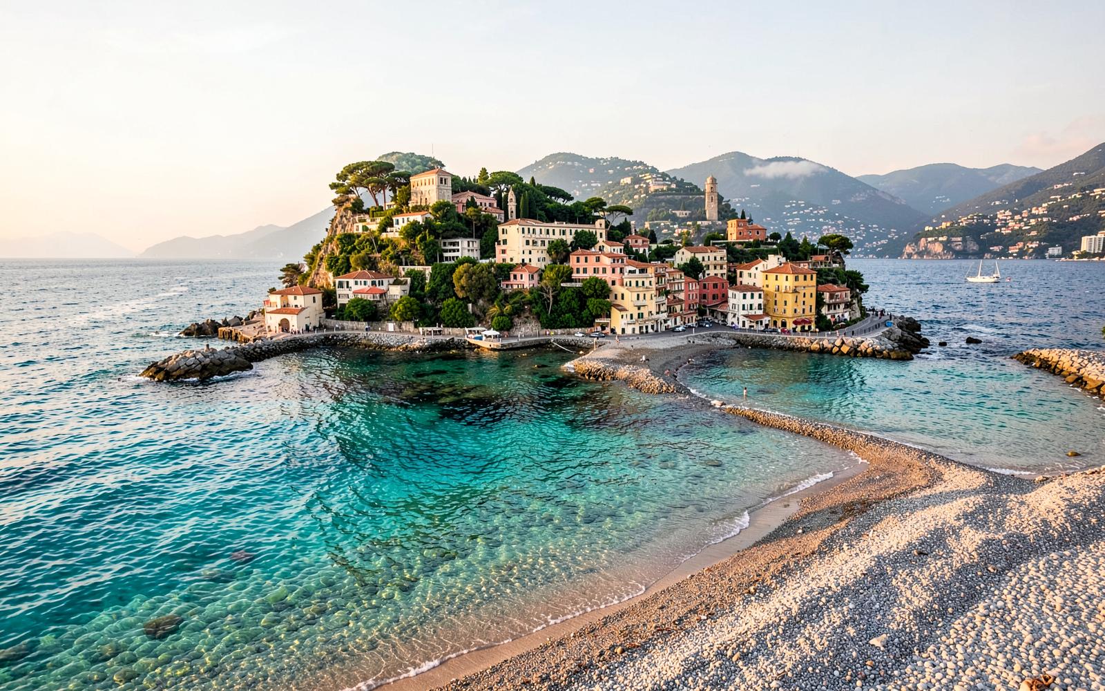 Isola Bella below Taormina, turquoise water and the pebble sandbar in early morning light