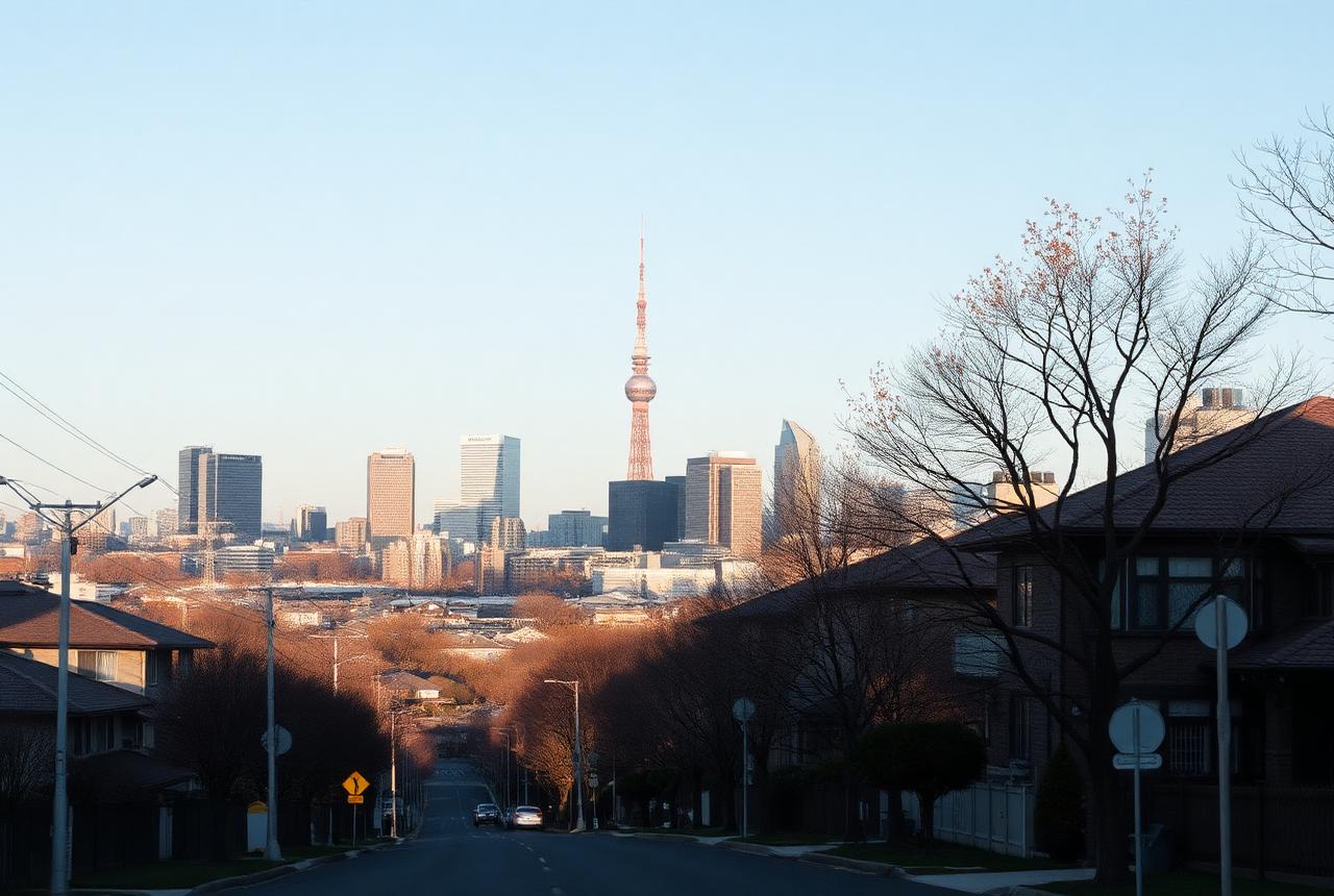 Tokyo skyline seen from a quiet residential street in autumn